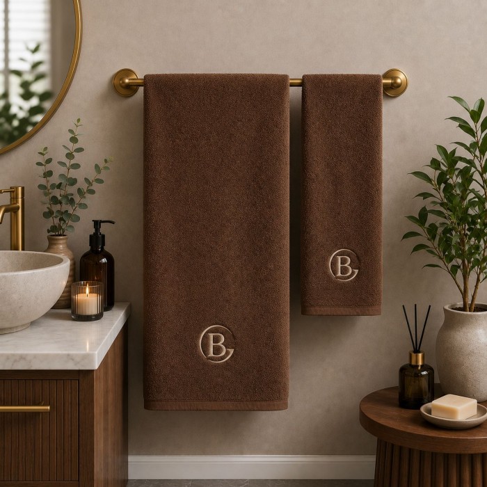 Logolu El ve Banyo Havlusu Takımı Koyu Kahve 50x90cm 70x140cm
